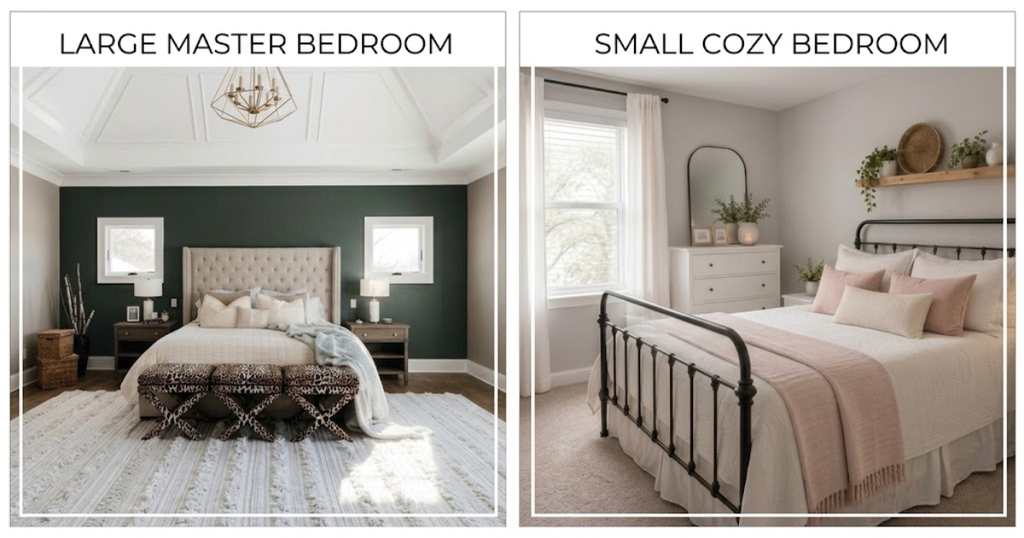 Room-Size Based Colour Selection, Small Bedroom Color Ideas, Large Bedroom Color Ideas